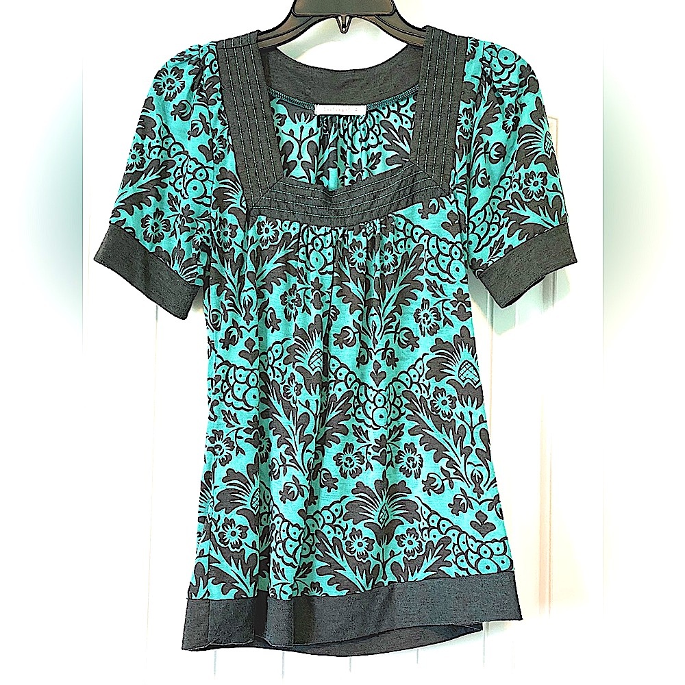 VGUC Testament M S Square Neck Flowy Tissue Floral Elbow Sleeve Top Teal Gray